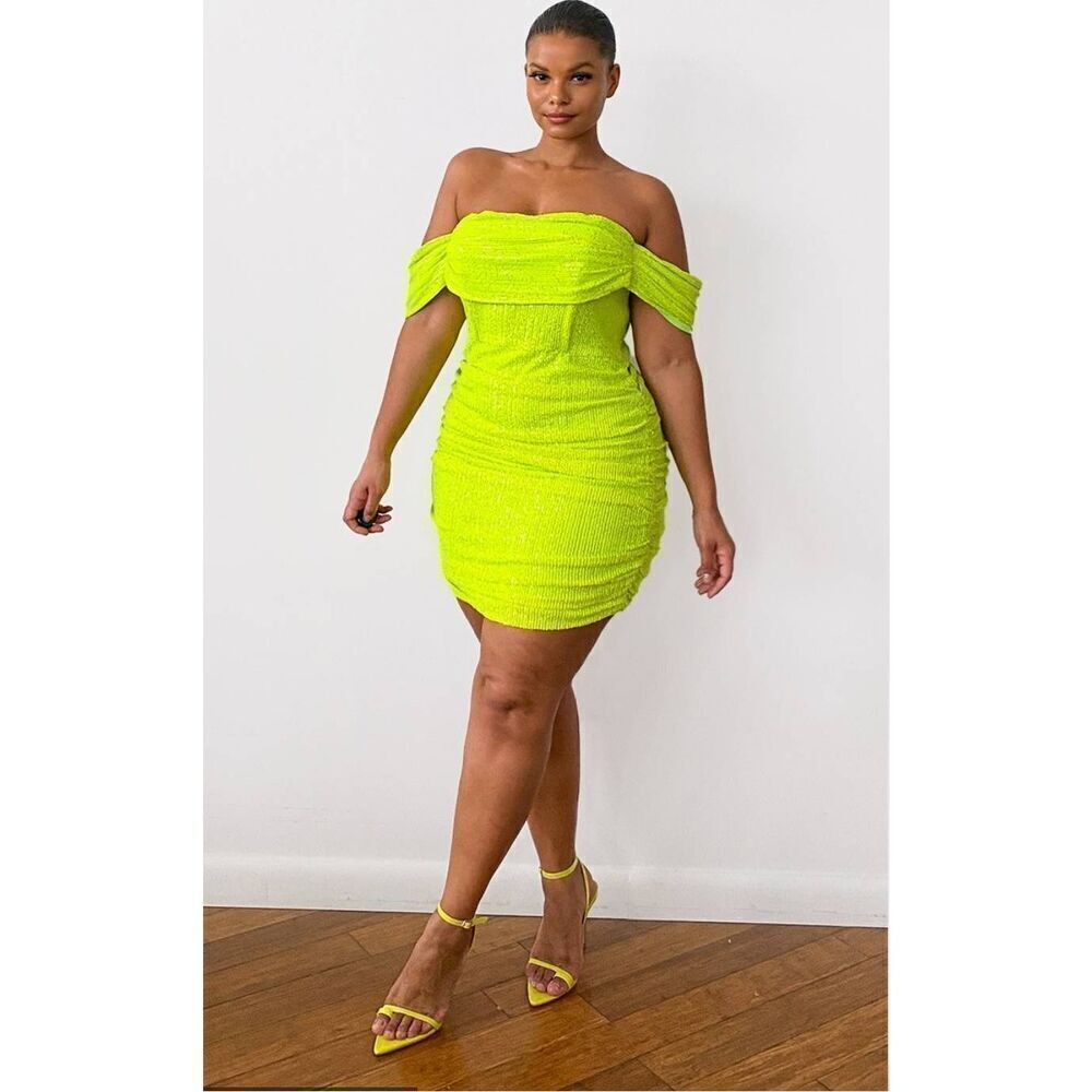 Pretty Little Thing Dress 16 Plus Lime Sequin Bardot Bodycon Off the Shoulder Bl